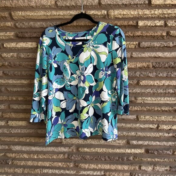 Alfred Dunner Blue Floral Print Stretch Cotton Pullover Top Size L Petite - Picture 4 of 7